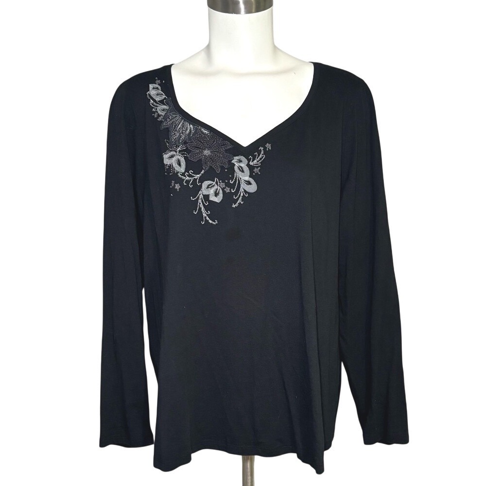 A.N.A Women's Size 2X (Runs Small) Black Cotton Top V Neck With Beaded Accents